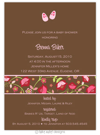 Take Note Designs Baby Shower Invitations - Pink Baby Shoes Red and Pink Floral Band