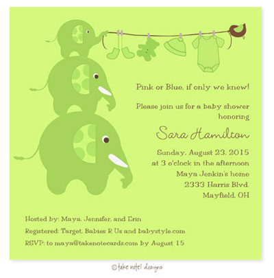 Take Note Designs Baby Shower Invitations - Elephants Clothesline Green
