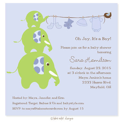 Take Note Designs Baby Shower Invitations - Elephants Clothesline Blue