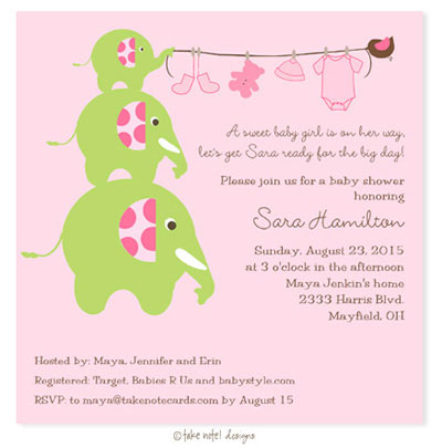 Take Note Designs Baby Shower Invitations - Elephants Clothesline Pink