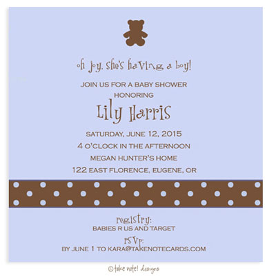 Take Note Designs Baby Shower Invitations - Teddy bear on Blue Polkadots Band Take Note Designs Baby Shower Invitations - Teddy bear on Blue Polkadots Band