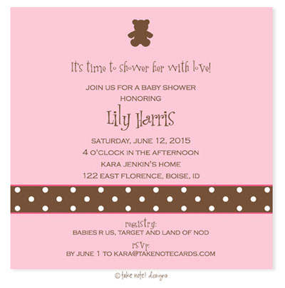 Take Note Designs Baby Shower Invitations - Teddy bear on Pink Polkadots Band