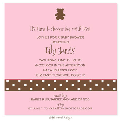 Take Note Designs Baby Shower Invitations - Teddy bear on Pink Polkadots Band Take Note Designs Baby Shower Invitations - Teddy bear on Pink Polkadots Band