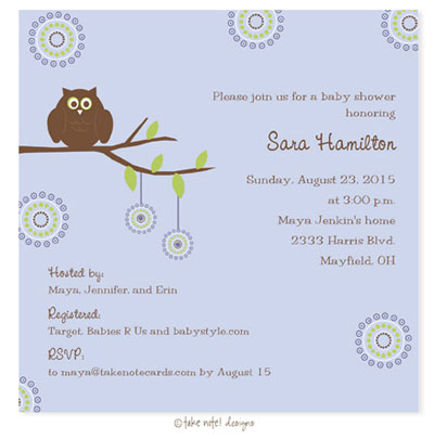 Take Note Designs Baby Shower Invitations - She's having a Boy Owl