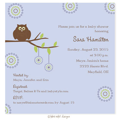 Take Note Designs Baby Shower Invitations - She's having a Boy Owl Take Note Designs Baby Shower Invitations - She's having a Boy Owl