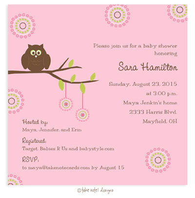 Take Note Designs Baby Shower Invitations - She's having a Girl Owl