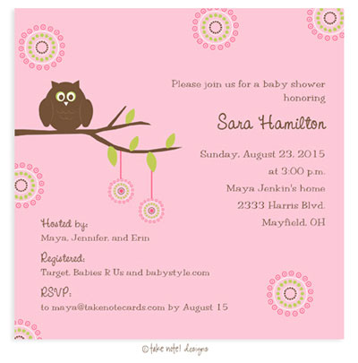 Take Note Designs Baby Shower Invitations - She's having a Girl Owl Take Note Designs Baby Shower Invitations - She's having a Girl Owl