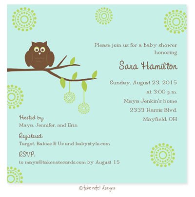 Take Note Designs Baby Shower Invitations - Green on Green Owl