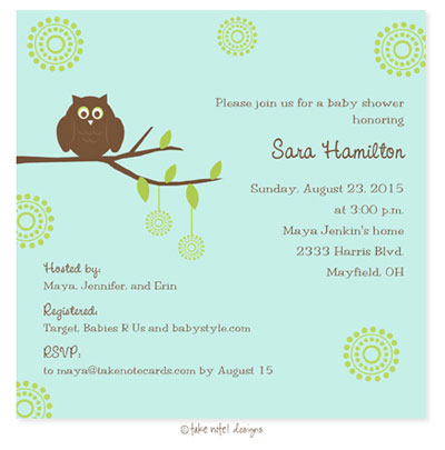 Take Note Designs Baby Shower Invitations - Green on Green Owl Take Note Designs Baby Shower Invitations - Green on Green Owl
