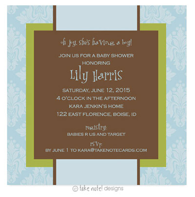 Take Note Designs Baby Shower Invitations - Blue Wallpaper with Green