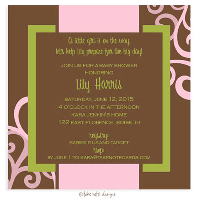 Take Note Designs Baby Shower Invitations - Pink Scrolls on Brown Take Note Designs Baby Shower Invitations - Pink Scrolls on Brown