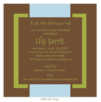 Take Note Designs Baby Shower Invitations - Brown with Blue Band