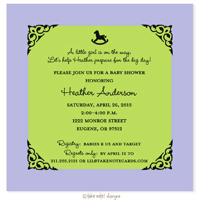 Take Note Designs Baby Shower Invitations - Lavender and Lime Rocking Horse