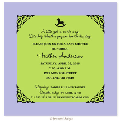 Take Note Designs Baby Shower Invitations - Lavender and Lime Rocking Horse Take Note Designs Baby Shower Invitations - Lavender and Lime Rocking Horse