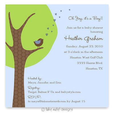 Take Note Designs Baby Shower Invitations - Cheeping Hearts Boy Modern Tree Take Note Designs Baby Shower Invitations - Cheeping Hearts Boy Modern Tree