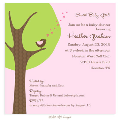 Take Note Designs Baby Shower Invitations - Cheeping Hearts Girl Modern Tree