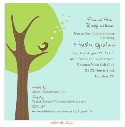 Take Note Designs Baby Shower Invitations - Cheeping Hearts Green Modern Tree