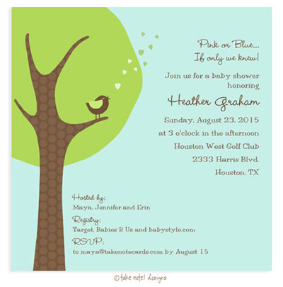 Take Note Designs Baby Shower Invitations - Cheeping Hearts Green Modern Tree Take Note Designs Baby Shower Invitations - Cheeping Hearts Green Modern Tree