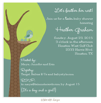 Take Note Designs Baby Shower Invitations - Feather the Nest TWINS