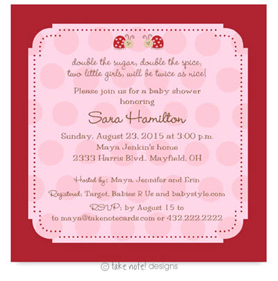 Take Note Designs Baby Shower Invitations - Twin Ladybugs on Pink