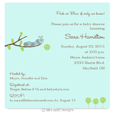 Take Note Designs Baby Shower Invitations - Caterpillar with Green Flowers
