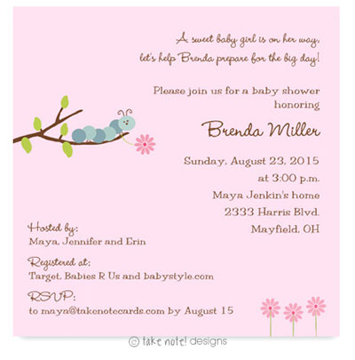 Take Note Designs Baby Shower Invitations - Caterpillar with Pink Flowers