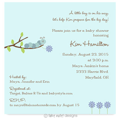 Take Note Designs Baby Shower Invitations - Caterpillar with Blue Flowers