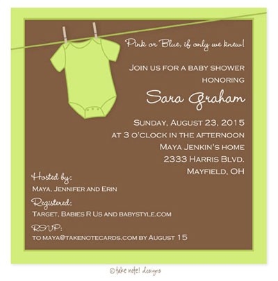 Take Note Designs Baby Shower Invitations - Green Onesie