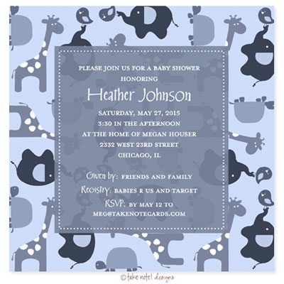 Take Note Designs Baby Shower Invitations - Modern Blue Animal Print