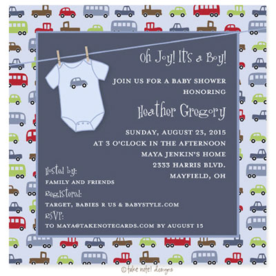 Take Note Designs Baby Shower Invitations - Car Print Onesie Take Note Designs Baby Shower Invitations - Car Print Onesie