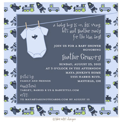 Take Note Designs Baby Shower Invitations - Transportation Onesie