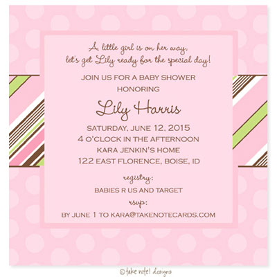 Take Note Designs Baby Shower Invitations - Pin Stripe Girl on Dots