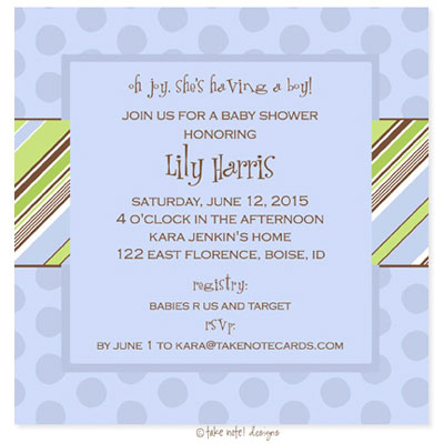 Take Note Designs Baby Shower Invitations - Pin Stripe Boy on Dots