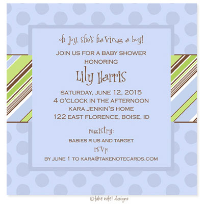 Take Note Designs Baby Shower Invitations - Pin Stripe Boy on Dots Take Note Designs Baby Shower Invitations - Pin Stripe Boy on Dots
