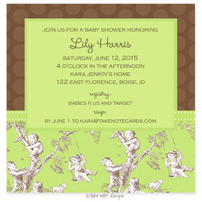 Take Note Designs Baby Shower Invitations - Green Toile on Brown Polka Take Note Designs Baby Shower Invitations - Green Toile on Brown Polka