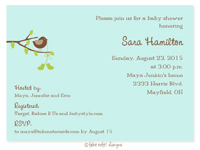 Take Note Designs Baby Shower Invitations - Sweet Birdie with Green Booties
