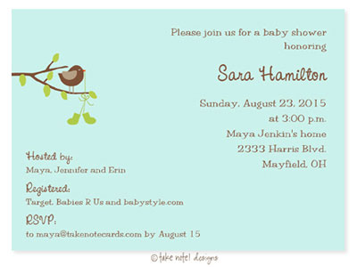 Take Note Designs Baby Shower Invitations - Sweet Birdie with Green Booties Take Note Designs Baby Shower Invitations - Sweet Birdie with Green Booties