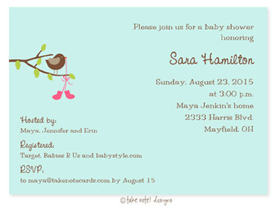 Take Note Designs Baby Shower Invitations - Sweet Birdie with Pink Booties