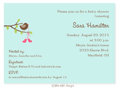 Take Note Designs Baby Shower Invitations - Sweet Birdie with Pink Booties Take Note Designs Baby Shower Invitations - Sweet Birdie with Pink Booties
