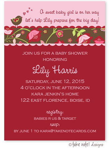 Take Note Designs Baby Shower Invitations - Red and Pink Floral Chirping Bird