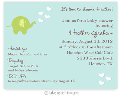 Take Note Designs Baby Shower Invitations - Green Elephant Showering Love