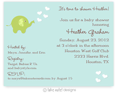 Take Note Designs Baby Shower Invitations - Green Elephant Showering Love Take Note Designs Baby Shower Invitations - Green Elephant Showering Love