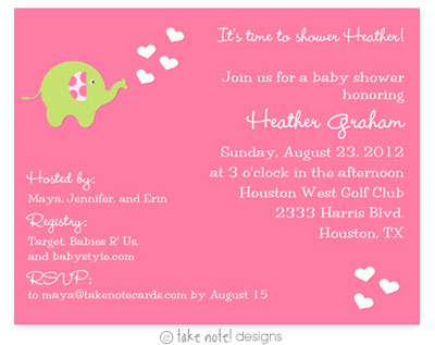 Take Note Designs Baby Shower Invitations - Pink Elephant Showering Love
