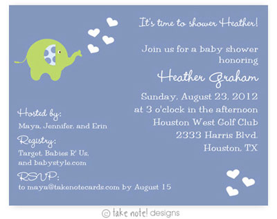 Take Note Designs Baby Shower Invitations - Blue Elephant Showering Love