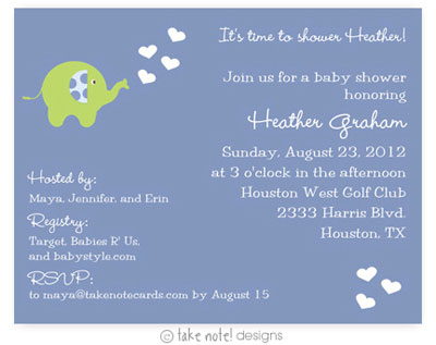 Take Note Designs Baby Shower Invitations - Blue Elephant Showering Love Take Note Designs Baby Shower Invitations - Blue Elephant Showering Love