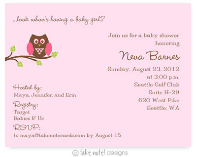 Take Note Designs Baby Shower Invitations - Pink Owl Take Note Designs Baby Shower Invitations - Pink Owl