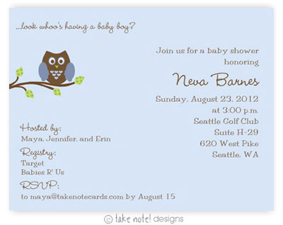 Take Note Designs Baby Shower Invitations - Blue Owl