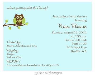 Take Note Designs Baby Shower Invitations - Green Owl Take Note Designs Baby Shower Invitations - Green Owl