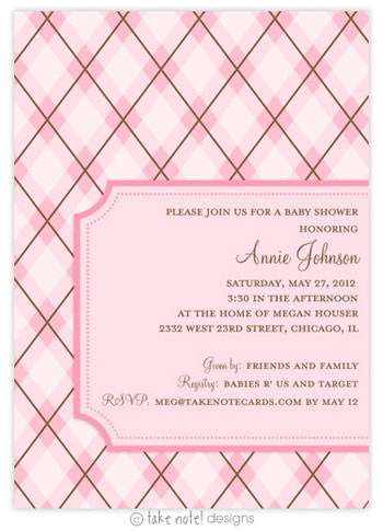 Take Note Designs Baby Shower Invitations - Pink Argyle