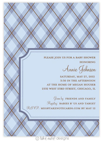 Take Note Designs Baby Shower Invitations - Blue Argyle